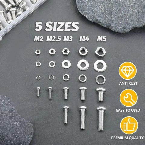 All In One M2 To M5 Metric Hex Nut Bolt Screw Set For Electronics, 3D Printing, Furniture, And Repairs, Includes M2 M3 M4 M5 Nuts And Bolts For Precise Projects, Great For DIYers, Makers, And Small Workshops. Silver M2-M5 metric hex nuts, bolts, and washers arranged by size