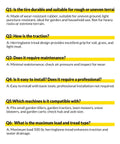 FAQ section on tire durability, traction, maintenance, installation, compatibility, load and tread type for rear tine tillers.
