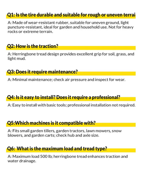 FAQ section on tire durability, traction, maintenance, installation, compatibility, load and tread type for rear tine tillers.
