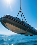Inflatable boat lifted by Three Leg Universal Dinghy Lift Slings For Inflatable Boats, Adjustable 3 Point Sling, 1000 lb capacity