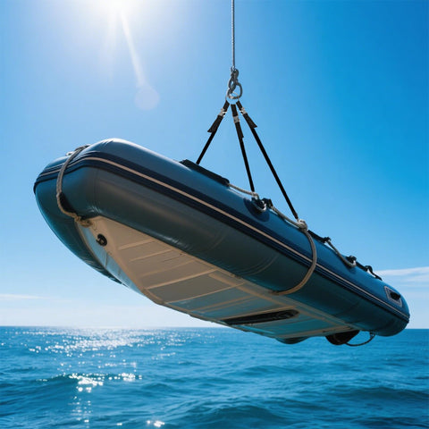 Inflatable boat lifted by Three Leg Universal Dinghy Lift Slings For Inflatable Boats, Adjustable 3 Point Sling, 1000 lb capacity