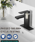 No Brainer Install Matte Black Bathroom Faucet With Deck Plate Kit installed on white vanity sink, includes single handle.