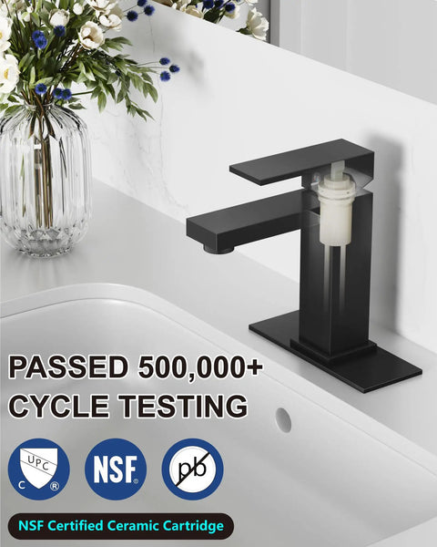 No Brainer Install Matte Black Bathroom Faucet With Deck Plate Kit installed on white vanity sink, includes single handle.