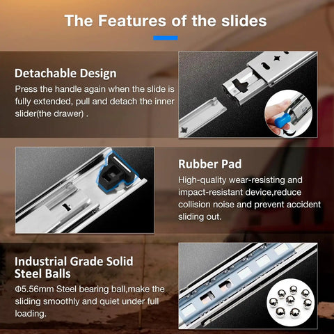 Features of Built Like A Tank Heavy Duty Locking Drawer Slides Full Extension Side Mount Runners crafted from cold rolled steel.