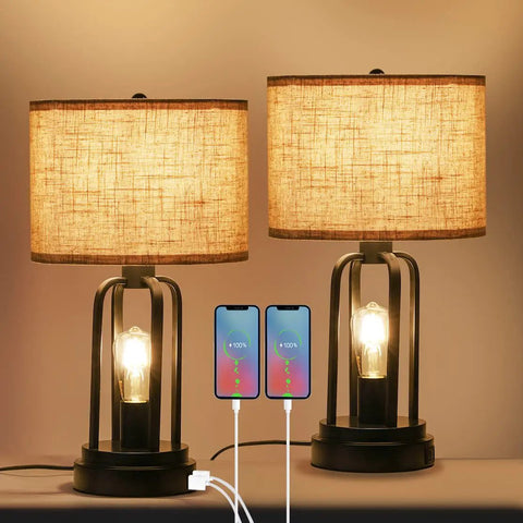Farmhouse End Table Lamps Set Of 2 With Touch Control And 3 Way Dimmable Night Light USB Port Dual Bulbs Matte Black Finish
