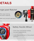FITHOIST manual lever chain hoist, red, 1/2 ton, 10 ft lift, G80 steel pawl brake and rotating hooks