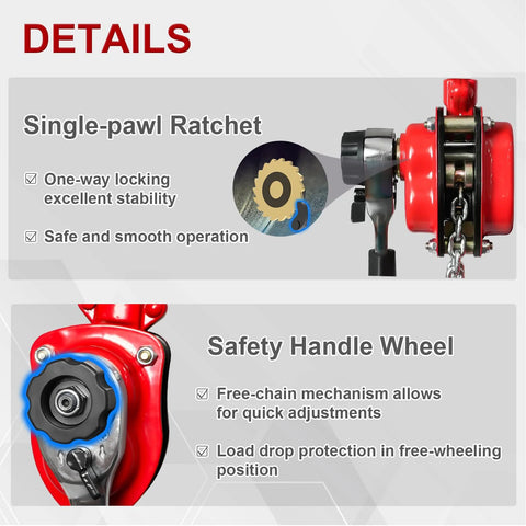 FITHOIST manual lever chain hoist, red, 1/2 ton, 10 ft lift, G80 steel pawl brake and rotating hooks