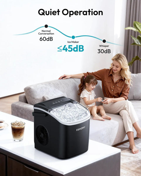 Quiet operation of Countertop Ice Maker With Handle Portable Bullet Ice In 6 Minutes, Makes 26.5 Lbs Per Day, Auto Clean, Black