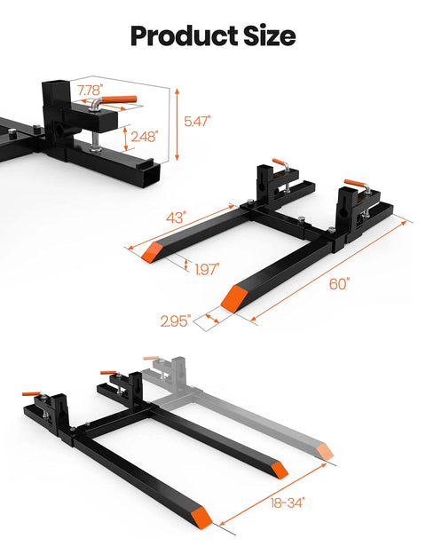 Diagram of 60 Inch Clamp On Pallet Forks With 4000 Lbs Capacity showing dimensions and adjustable stabilizer bar for skid steer.
