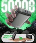 Ultra 50000mAh Portable Charger With PD 22.5W Fast Charging And Hella Solid Power Bank in hand with digital display.