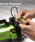 Person attaching quick-connect coupler to Ultra Compact 1700 PSI 1.2 GPM Pressure Washer For Quick No Fuss Home Cleaning And Patio Care