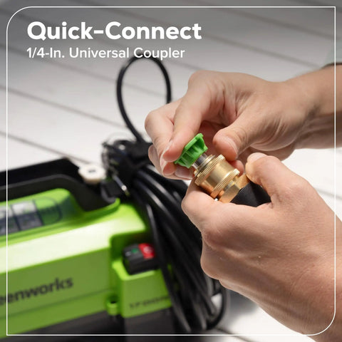 Person attaching quick-connect coupler to Ultra Compact 1700 PSI 1.2 GPM Pressure Washer For Quick No Fuss Home Cleaning And Patio Care