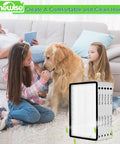 Living room scene with family, dog, and Five Pack EF-1 HEPA Media Filter Replacements For Kenmore 86889 Upright And Canister Vacuums Plus Panasonic MC-V199H