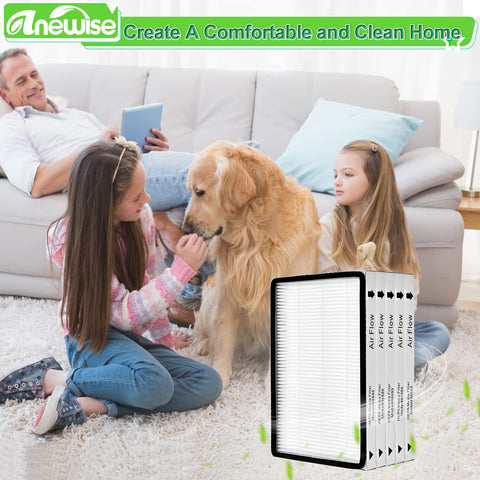 Living room scene with family, dog, and Five Pack EF-1 HEPA Media Filter Replacements For Kenmore 86889 Upright And Canister Vacuums Plus Panasonic MC-V199H