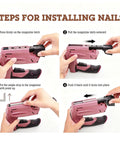 Steps for installing nails with the Badass Cordless Electric Staple Gun Featuring Plug And Play Battery Setup.