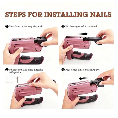 Steps for installing nails with the Badass Cordless Electric Staple Gun Featuring Plug And Play Battery Setup.