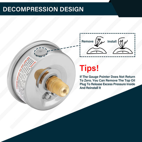 Decompression design of 2.5 Inch Dial Liquid Filled Pressure Gauge For Air, Water, And Pneumatics, 0 To 300 PSI And 2000 KPa, 304 Stainless Steel Case, One Quarter Inch NPT Back Mount, Industrial Grade, Durable And Accurate