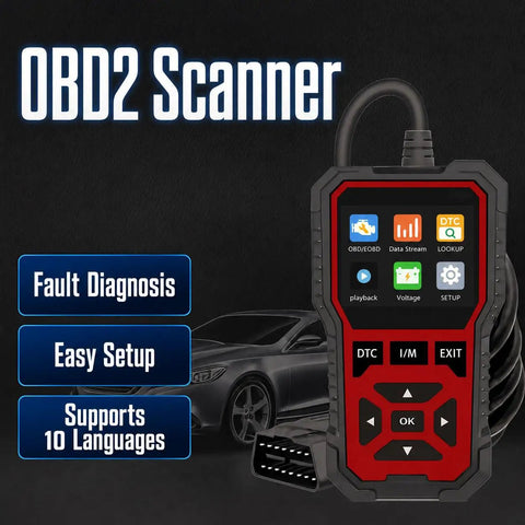 Professional OBD2 Diagnostic Scanner And Code Reader To Clear Check Engine Codes Fast with buttons and display screen.