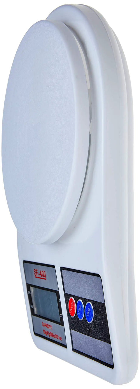 Side view of Digital Kitchen Scale With 10Kg Capacity, Stainless Steel Platform, Tare Function, Switch Between Oz And G Units, Replaceable Battery Power, Your Go To Tool For Meal Prep, Cooking And Baking, White Finish