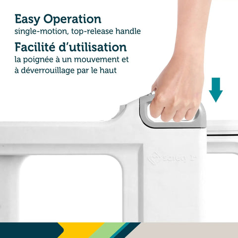 Close-up of Adjustable White Baby Safety Gate With Dual Mount Capability showing easy top-release handle operation