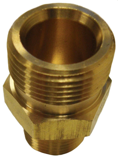 Brass high-pressure adapter fitting, M22 to 3/8 in male pipe thread, hex body for pressure washers.