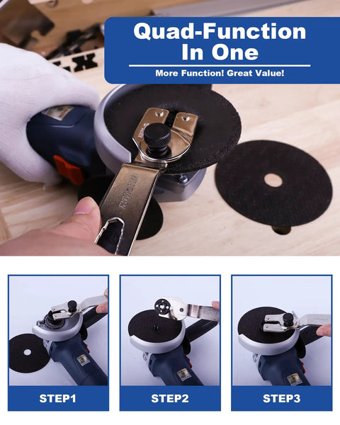 4 In 1 Adjustable Wrench And Bottle Opener Tool For Grinders in use on angle grinder, showing multiple functions and steps.