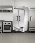 No Nonsense 40 Inch Reach In Freezer With 35 Cubic Feet Upright Cold Storage Tough Stainless Steel Cabinet in commercial kitchen.