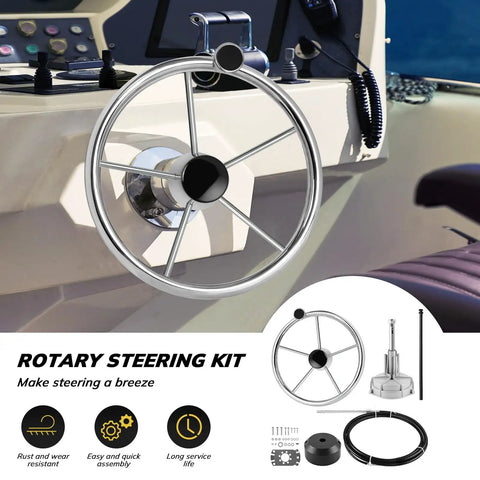 Marine Steering Control Cable 16 Foot Outboard Steering Kit With Three Quarter Inch Standard Tapered Shaft Heavy Duty Cast Steel And Stainless Construction Saltwater Ready For Yachts And Other Watercraft Easy Rudder And Wheel Mounting