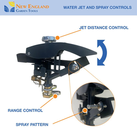 Beefy Tripod Sprinkler With 125 Ft Coverage 360 Degree Range Adjustable Height water jet and spray controls close-up