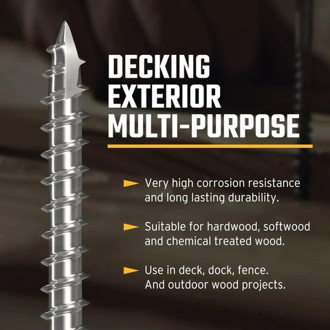 Close-up of stainless steel deck screw text on use and durability.