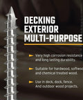 Close-up of 304 Stainless Steel Deck Screws 10x2.5 Inches highlighting corrosion resistance for outdoor wood projects.