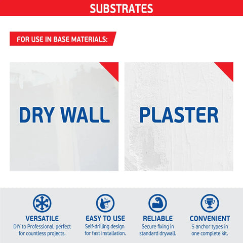 Image showing drywall and plaster substrates for Heavy Duty Drywall Anchor Kit With 80 Hollow Wall Anchors And 60 Screws.