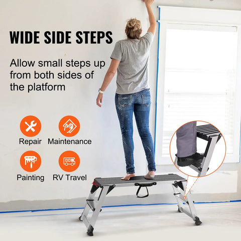Beast Mode Foldable Aluminum Work Platform Drywall Stool Ladder Heavy Duty Workbench Non Slip Base Six Hundred Pound Capacity Rock Solid Grip For Autobody Washing Wall Painting And Shed Projects