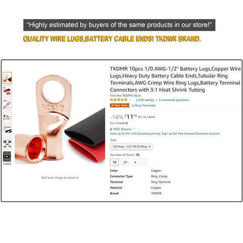 Marine Grade Copper Wire Lugs Kit For 6 AWG To 5/16 Inch Ring Terminals Includes 10 Pieces with heat shrink tubing