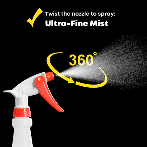 Close-up of Boss Grade 16 Oz Spray Bottles 4 Pack with Dilution Ratios showing nozzle and ultra-fine mist sprayer.