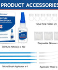 Denture Repair Glue Kit 1oz With Instant Bonding Adhesive For Cracks And Loose Teeth shown with applicators and gloves