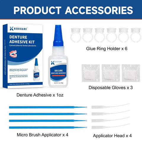 Denture Repair Glue Kit 1oz With Instant Bonding Adhesive For Cracks And Loose Teeth shown with applicators and gloves