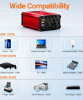 Heavy Duty 300 Watt Car Power Inverter showcasing compatibility with various devices like phones, laptops, and more.