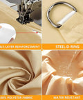 Close-up details of Waterproof Triangle Shade Sail 18x18x25.5 Feet including steel D-ring, polyester fabric, and water resistance.