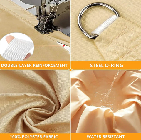 Close-up details of Waterproof Triangle Shade Sail 18x18x25.5 Feet including steel D-ring, polyester fabric, and water resistance.
