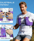 Man wearing 10L Trail Running Hydration Vest With Soft Flasks Purple S, showing adjustable straps for ultraruns and endurance training.
