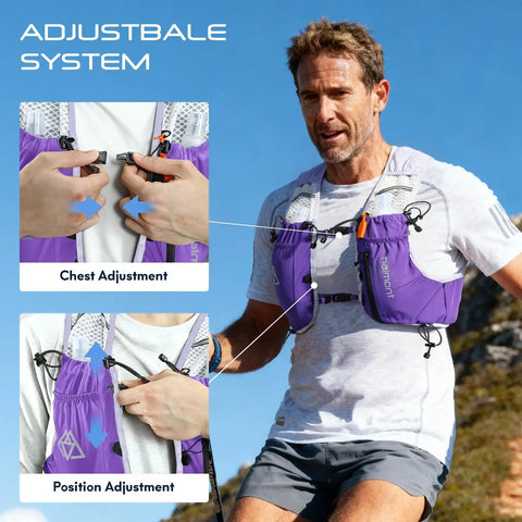 Man wearing 10L Trail Running Hydration Vest With Soft Flasks Purple S, showing adjustable straps for ultraruns and endurance training.