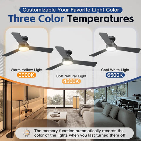 42 Inch Ceiling Fan With Light And Remote, Low Profile Flush Mount, 3 CCT LED showcasing three color temperatures in a living room setting