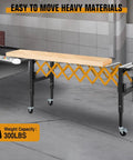 Heavy Duty Adjustable Roller Conveyor Stand With 18 Inch Wide Belt And Locking Swivel Casters perfect for table saw infeed outfeed support, shown with wooden top.