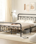Heavy Duty Queen Metal Platform Bed Frame With Victorian Diamond Headboard And Footboard, Built Tough No Box Spring Needed, Super Sleek Under Bed Storage, Legit Room Upgrade, Matte Black in modern bedroom setting.