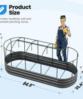 Self Watering Raised Garden Bed Kit With Mesh Cover Large Oval Galvanized Outdoor Planter For Vegetables Herbs And Flowers No Fuss Easy Watering System Heat Reducing Mist Cover Durable Metal Box 8 By 3 By 1 Foot shown with dimensions and woman standing beside it.