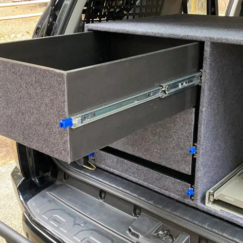 Installed drawer showing Beefy Heavy Duty Locking Drawer Slides, Full Extension Ball Bearing, Side Mount Industrial Rail For Tool Boxes.