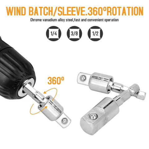 Close-up of chrome drill bit adapters with 360° rotation from the 22 Piece Flexible Drill Bit Extension Set With 105 Degree Right Angle Attachment Bendable Socket Adapter And Screwdriver Bits