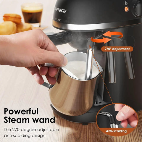 No Hassle Portable Coffee Machine With Quick Turn 800 Watt Espresso And Cappuccino Maker Featuring Built In Milk Frother For Straight Up Lattes And Smooth Daily Grinds Black with adjustable steam wand in use.