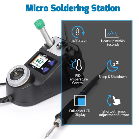 Micro Soldering Kit With 5 C210 Tips, Pro Grade Precision Soldering Station, featuring LCD display and temperature control.